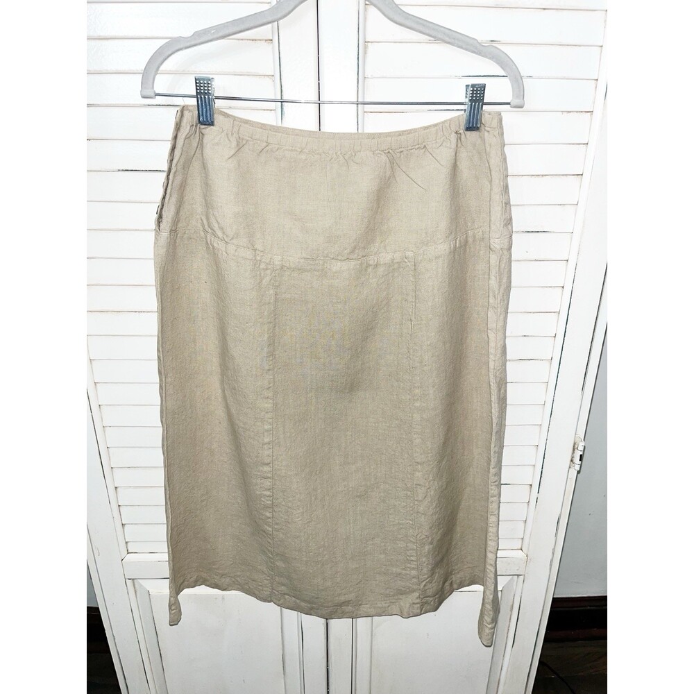 Habitat 100% Linen Khaki Midi Skirt Medium Lagenlook Minimalist Womens Button - Picture 2 of 9